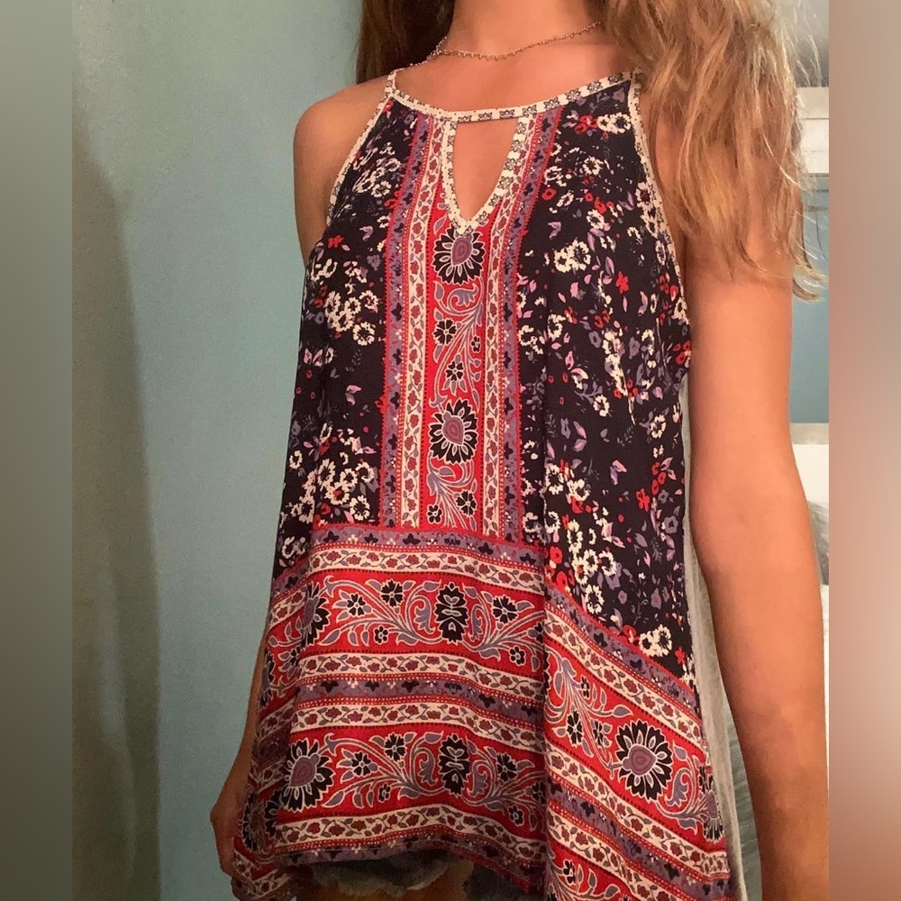 Rewind Blue and Red Floral Bohemian Blouse